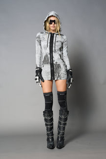 model wearing grey print soft jersey short dress with hood and backless cut out