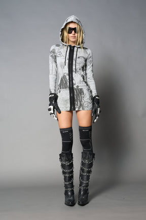 model wearing grey print soft jersey short dress with hood and backless cut out