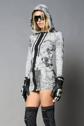 model wearing grey print soft jersey short dress with hood and backless cut out