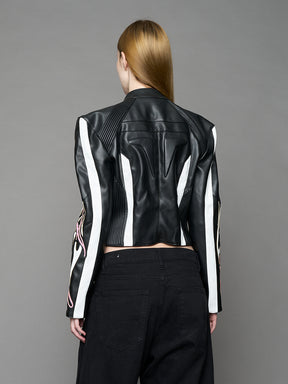 black motocross vegan leather jacket with embroidered sleeve