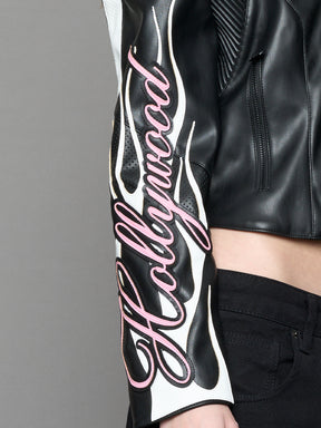 black motocross vegan leather jacket with embroidered sleeve