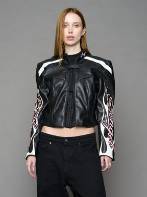 black motocross vegan leather jacket with embroidered sleeve
