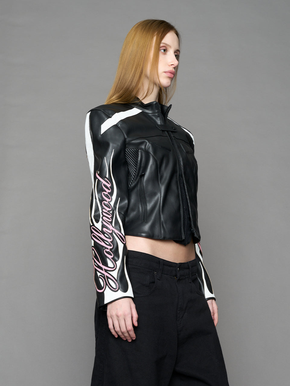 black motocross vegan leather jacket with embroidered sleeve