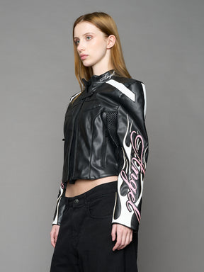 black motocross vegan leather jacket with embroidered sleeve