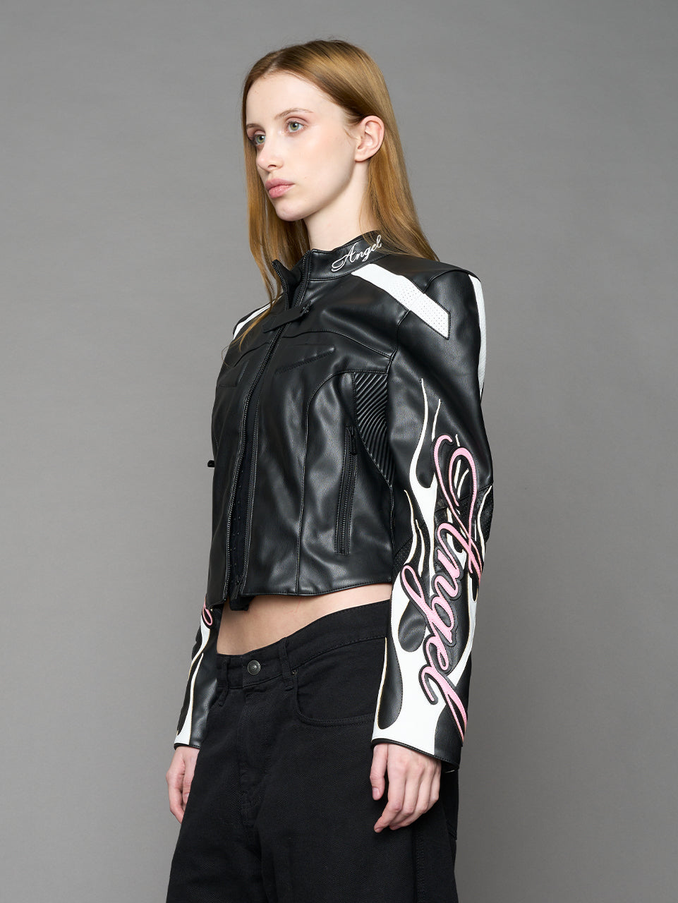 black motocross vegan leather jacket with embroidered sleeve