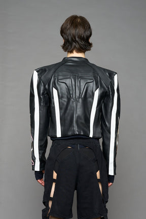 black motocross vegan leather jacket with embroidered sleeve