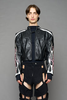 black motocross vegan leather jacket with embroidered sleeve