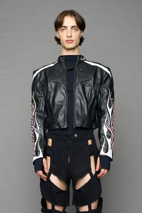 black motocross vegan leather jacket with embroidered sleeve