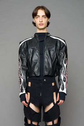 black motocross vegan leather jacket with embroidered sleeve