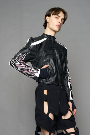 black motocross vegan leather jacket with embroidered sleeve