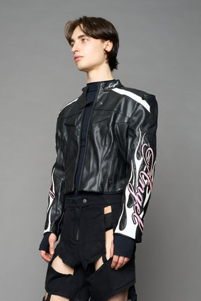 black motocross vegan leather jacket with embroidered sleeve