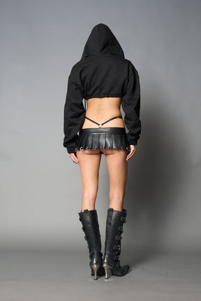 model wears black sweat hoodie body with drawstring closure