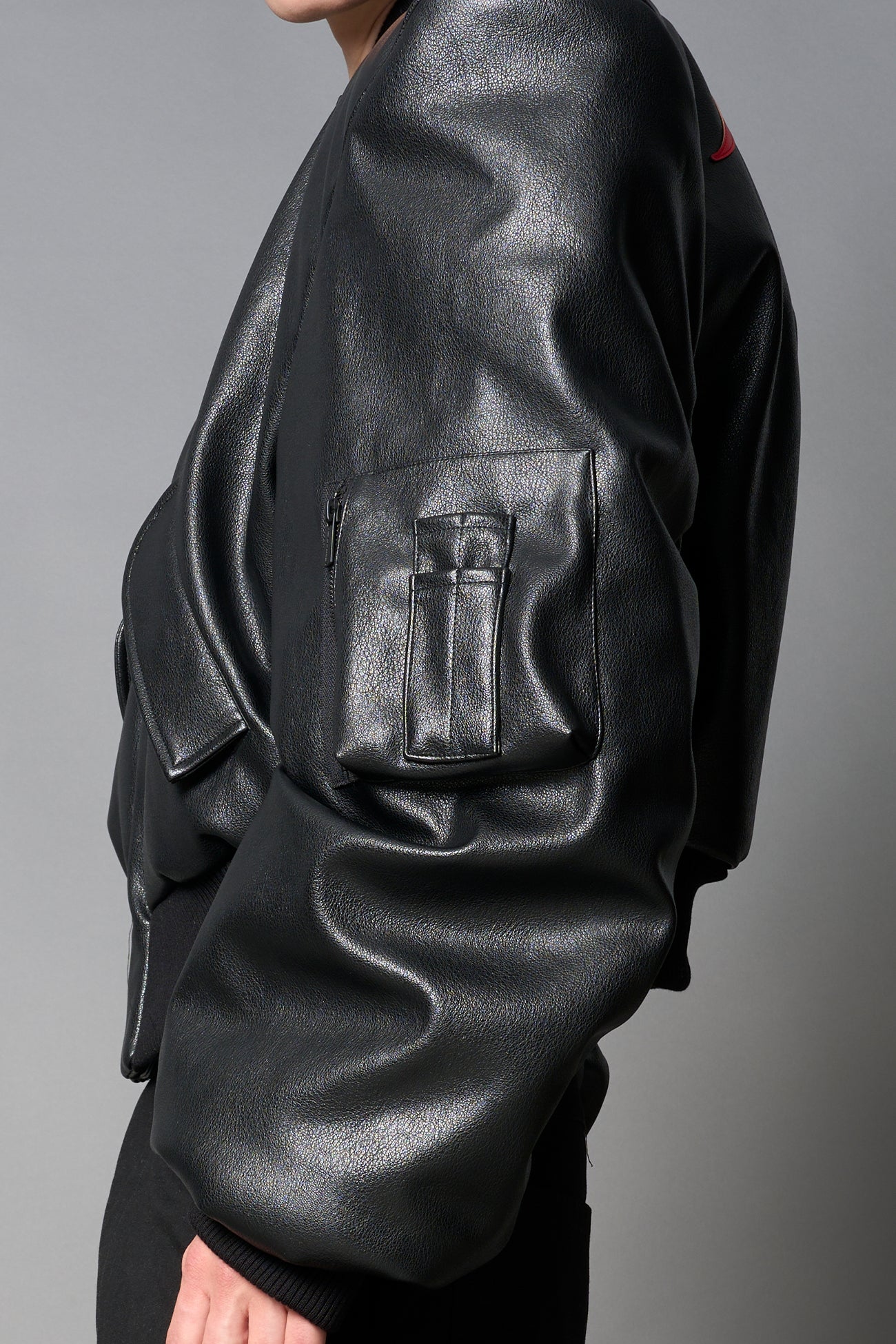 NAMILIA - Leather Power Shoulder Bomber Jacket - Shop now