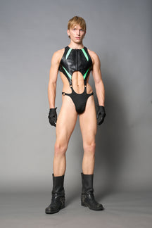 male model wearing cut out body pouch green in vegan leather with stretch lycra pants