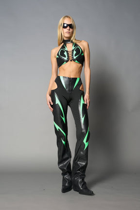 Green vegan leather neckholder crop top with lace-up front, high neck collar, and mesh panel detailing – edgy moto-inspired top for clubwear or streetwear.