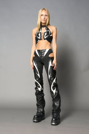 white vegan leather neckholder crop top with lace-up front, high neck collar, and mesh panel detailing – edgy moto-inspired top for clubwear or streetwear.