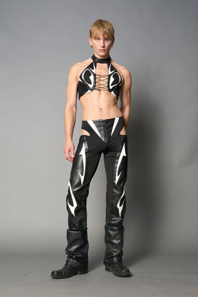white vegan leather neckholder crop top with lace-up front, high neck collar, and mesh panel detailing – edgy moto-inspired top for clubwear or streetwear.