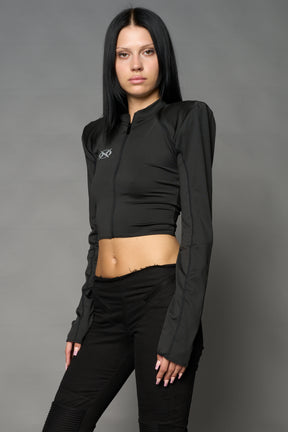 Namilia Pagoda Top in black with sharp padded shoulders and zip front