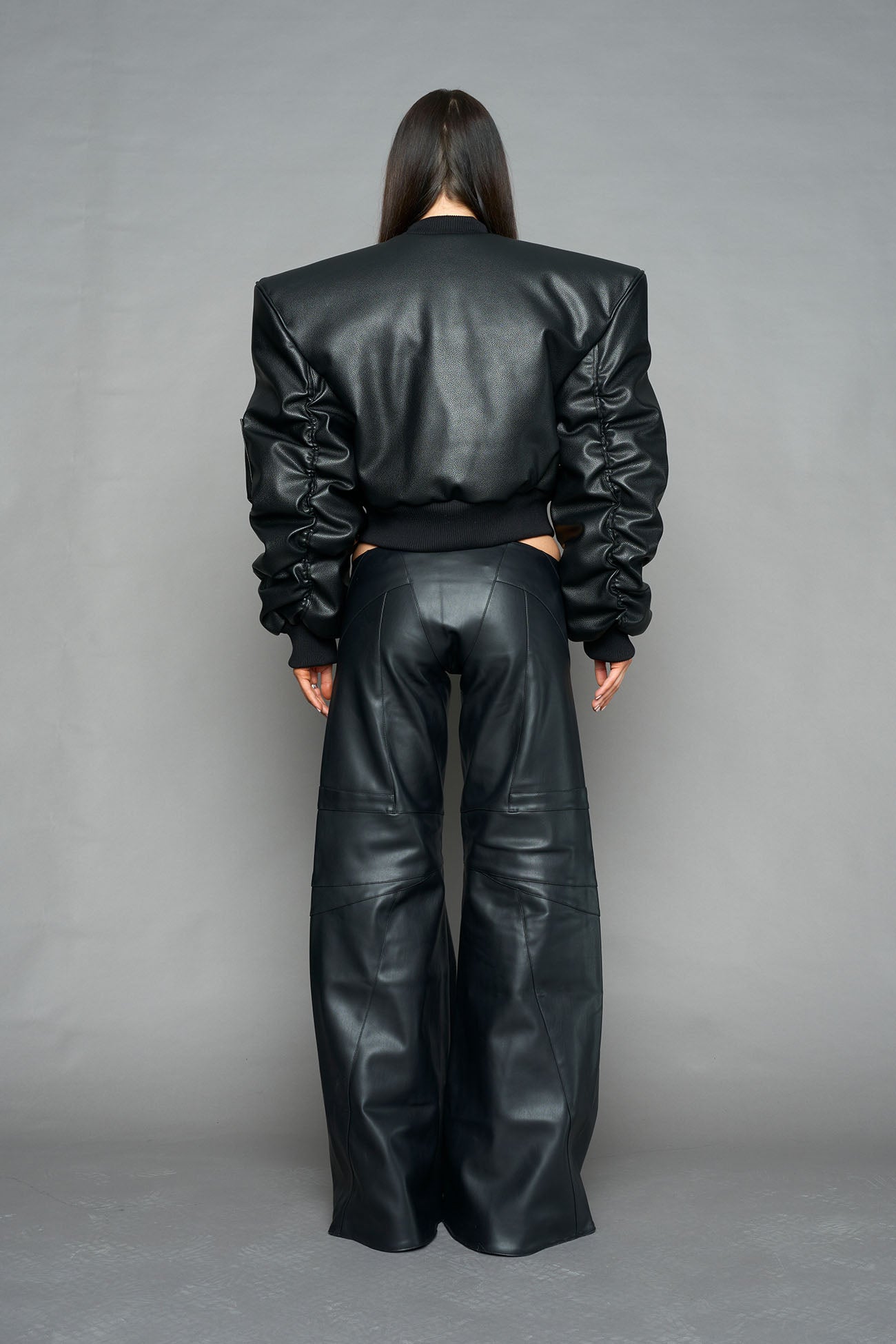 NAMILIA - Leather Power Shoulder Bomber Jacket - Shop now