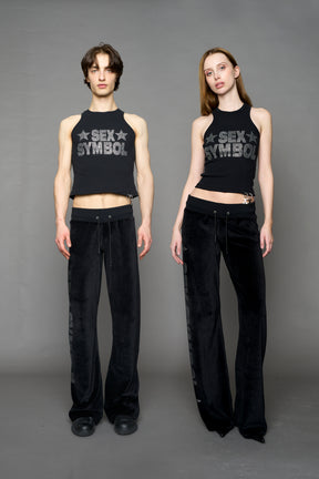 model wearing black x symbol crystal tank top in cotton rib