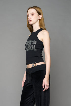 model wearing black x symbol crystal tank top in cotton rib