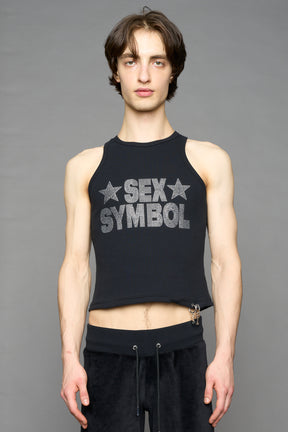 model wearing black x symbol crystal tank top in cotton rib