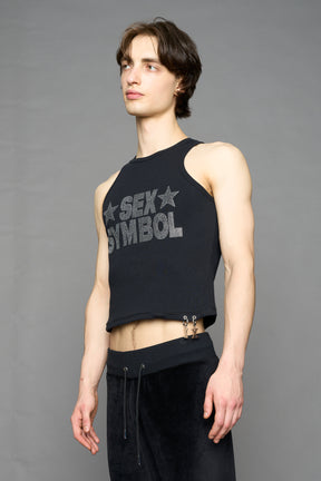 model wearing black x symbol crystal tank top in cotton rib