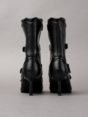 Black vegan leather high heel tabi boot with sneaker details