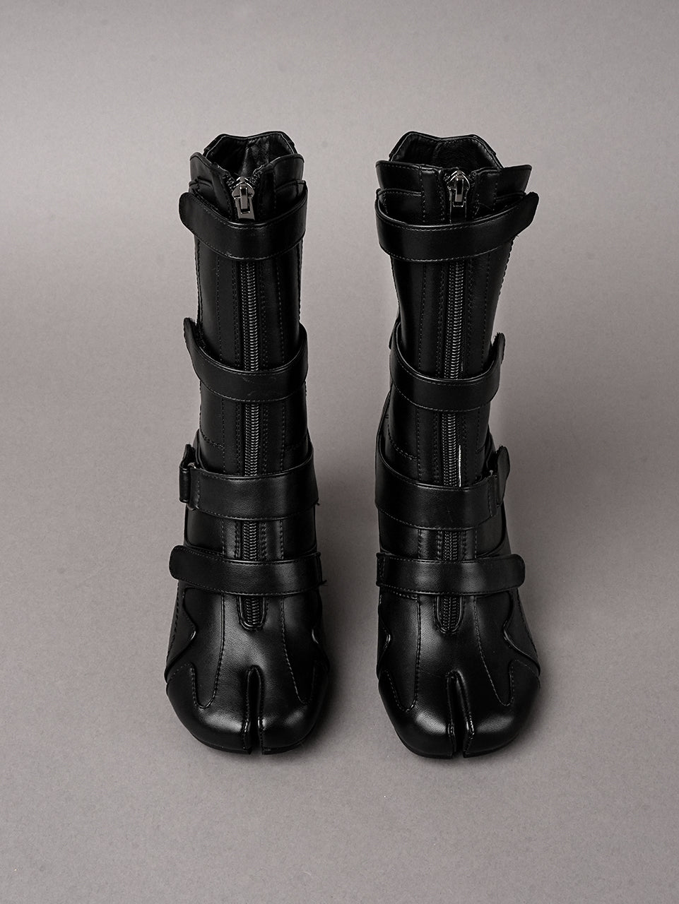Black vegan leather high heel tabi boot with sneaker details