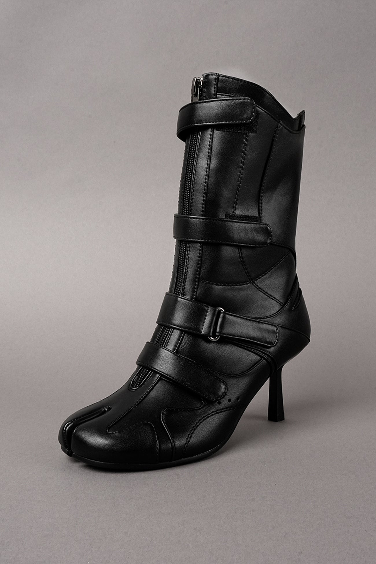 Black vegan leather high heel tabi boot with sneaker details