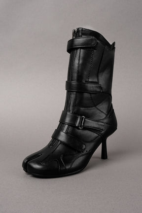 Black vegan leather high heel tabi boot with sneaker details