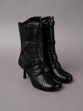 Black vegan leather high heel tabi boot with sneaker details
