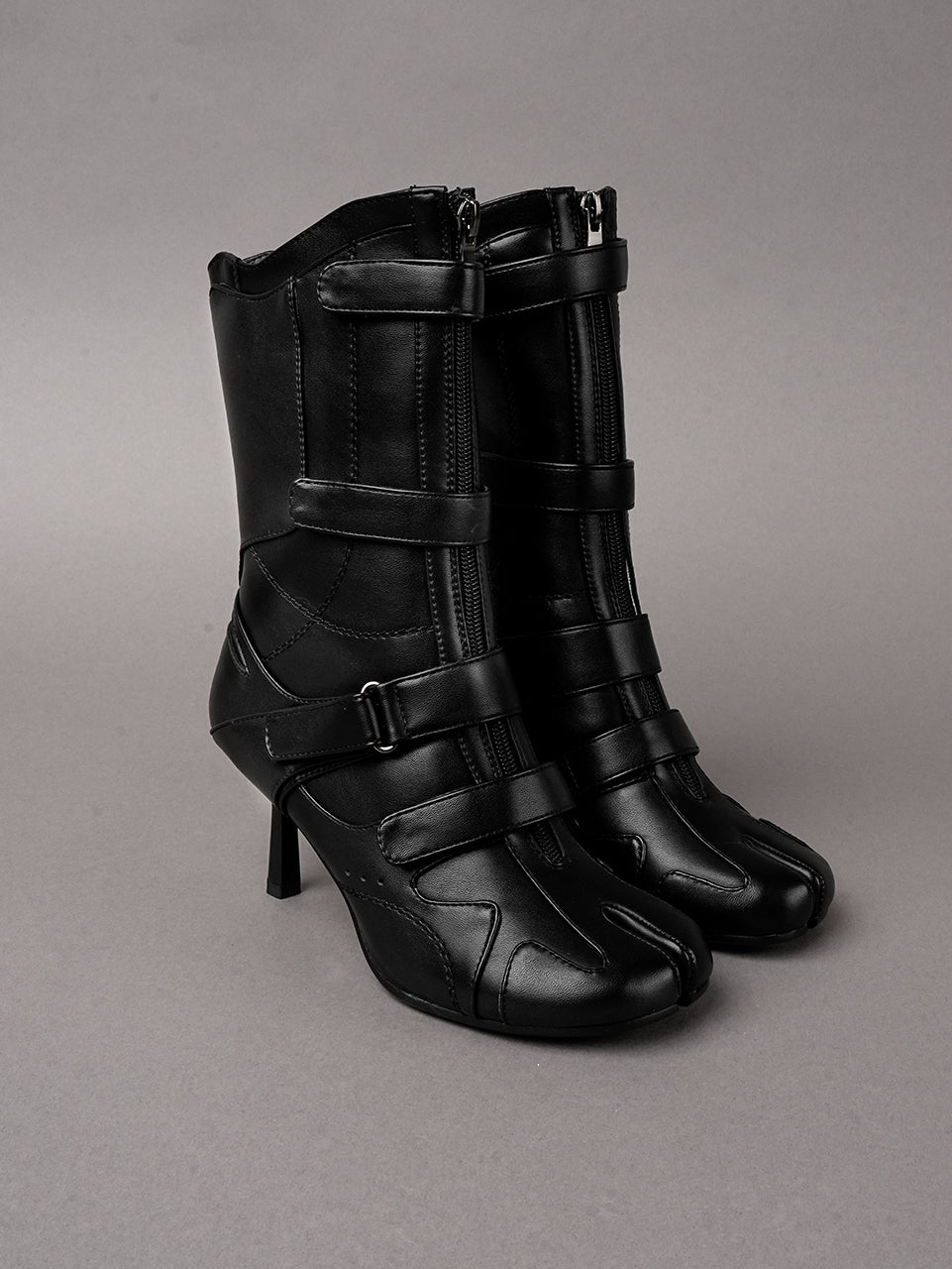 Black vegan leather high heel tabi boot with sneaker details