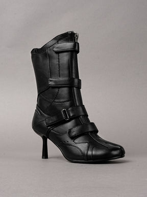 Black vegan leather high heel tabi boot with sneaker details