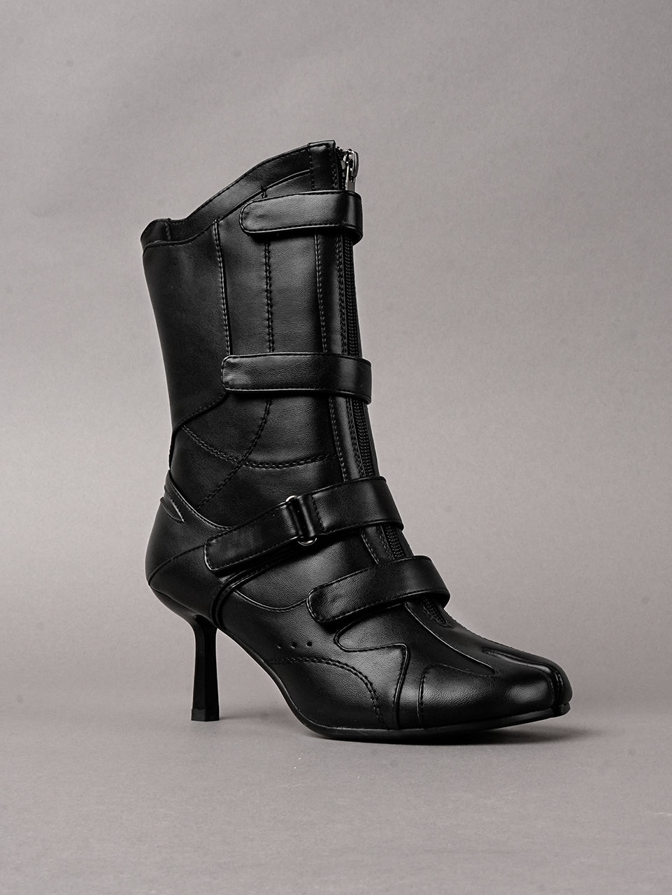 Black vegan leather high heel tabi boot with sneaker details