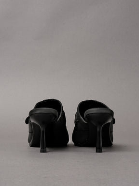 Black vegan leather high heel tabi mules with sneaker details