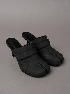 Black vegan leather high heel tabi mules with sneaker details