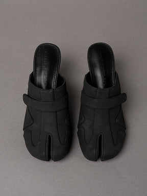 Black vegan leather high heel tabi mules with sneaker details