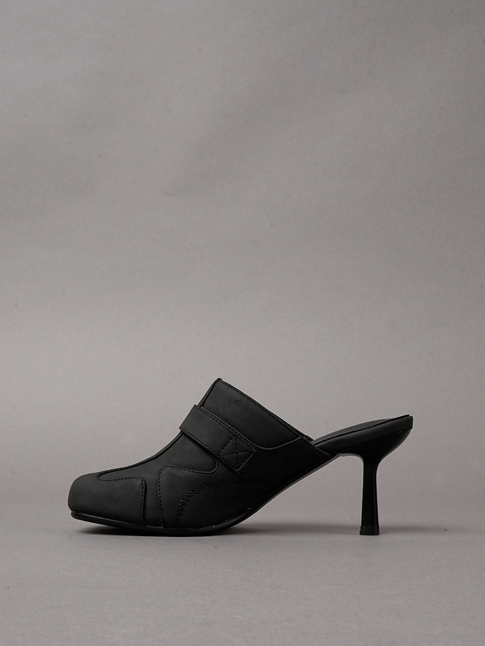 Black vegan leather high heel tabi mules with sneaker details