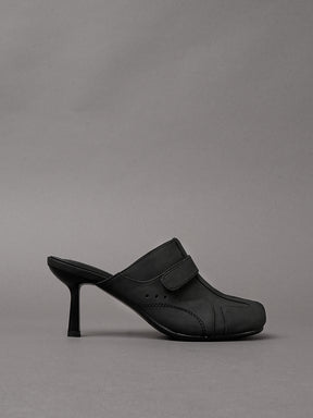 Black vegan leather high heel tabi mules with sneaker details