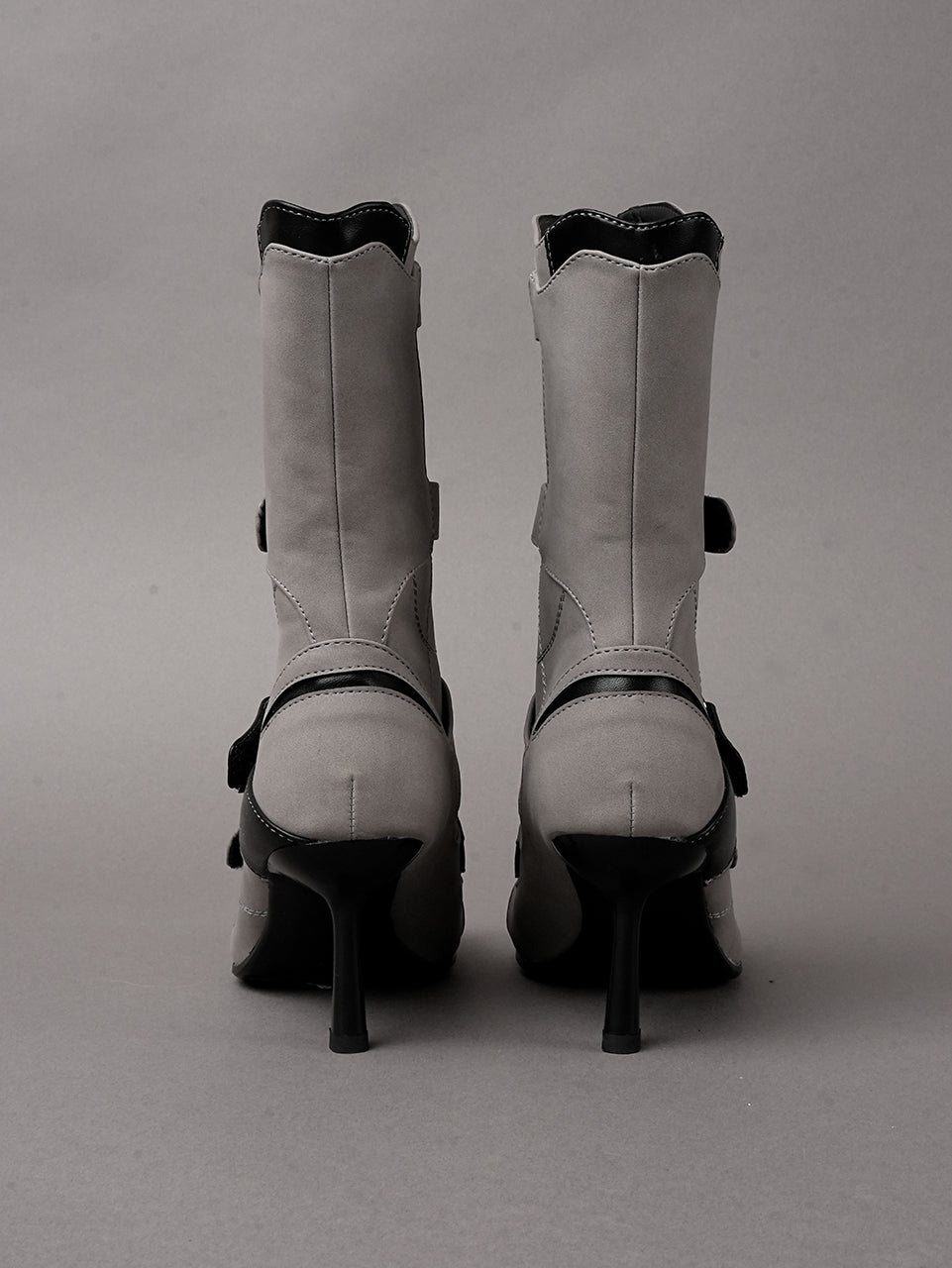 Grey vegan leather high heel tabi boot with sneaker details