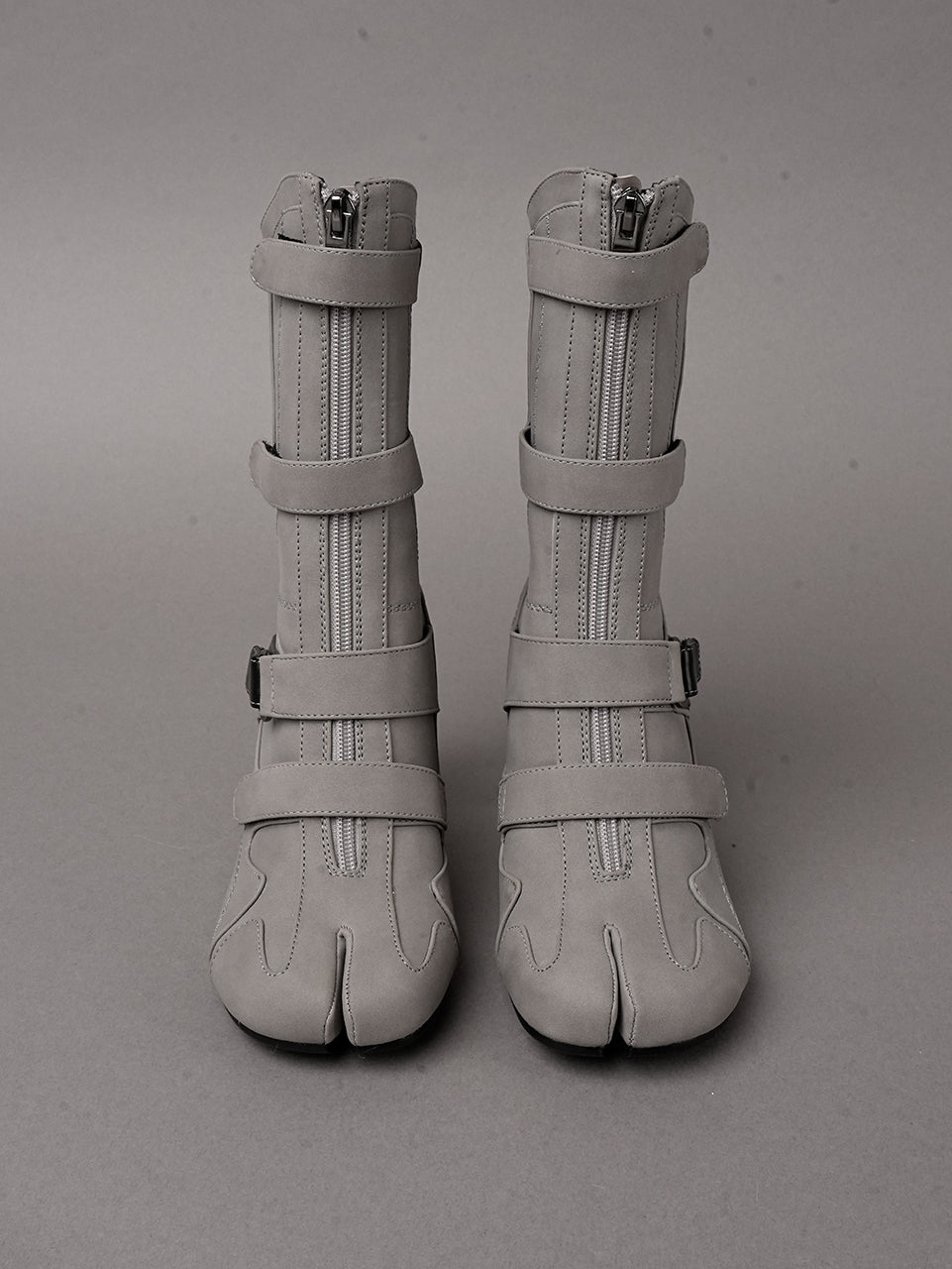 Grey vegan leather high heel tabi boot with sneaker details