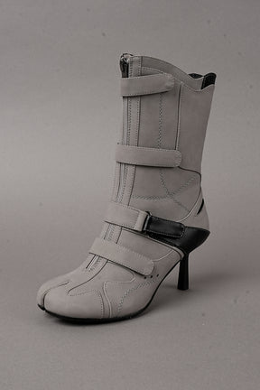 Grey vegan leather high heel tabi boot with sneaker details