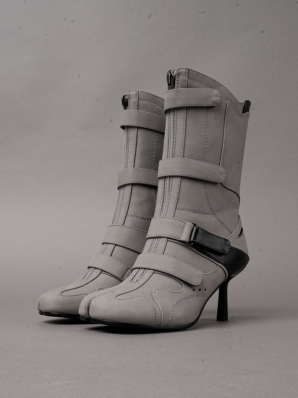 Grey vegan leather high heel tabi boot with sneaker details