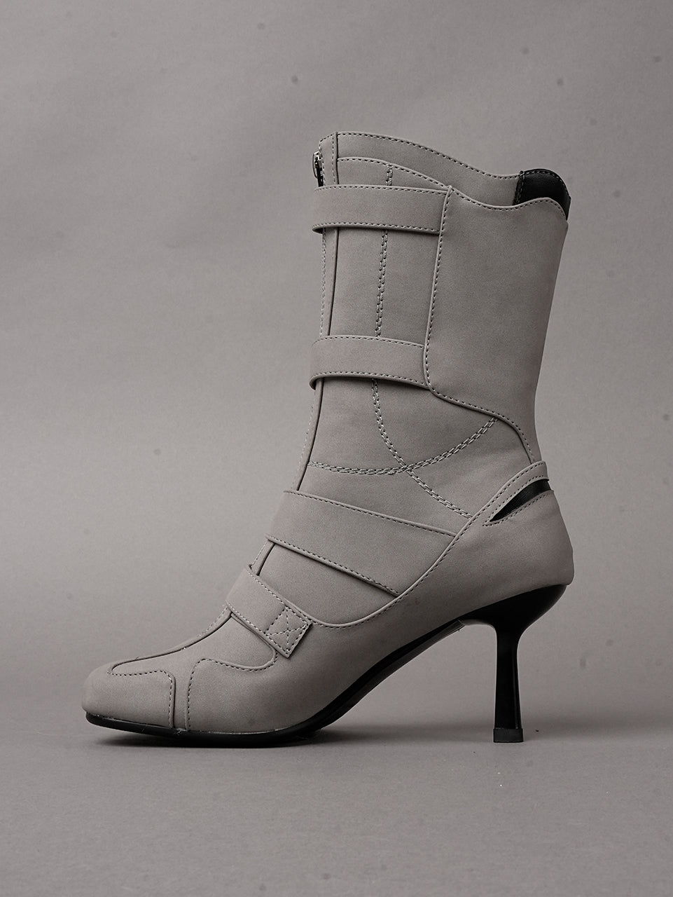 Grey vegan leather high heel tabi boot with sneaker details