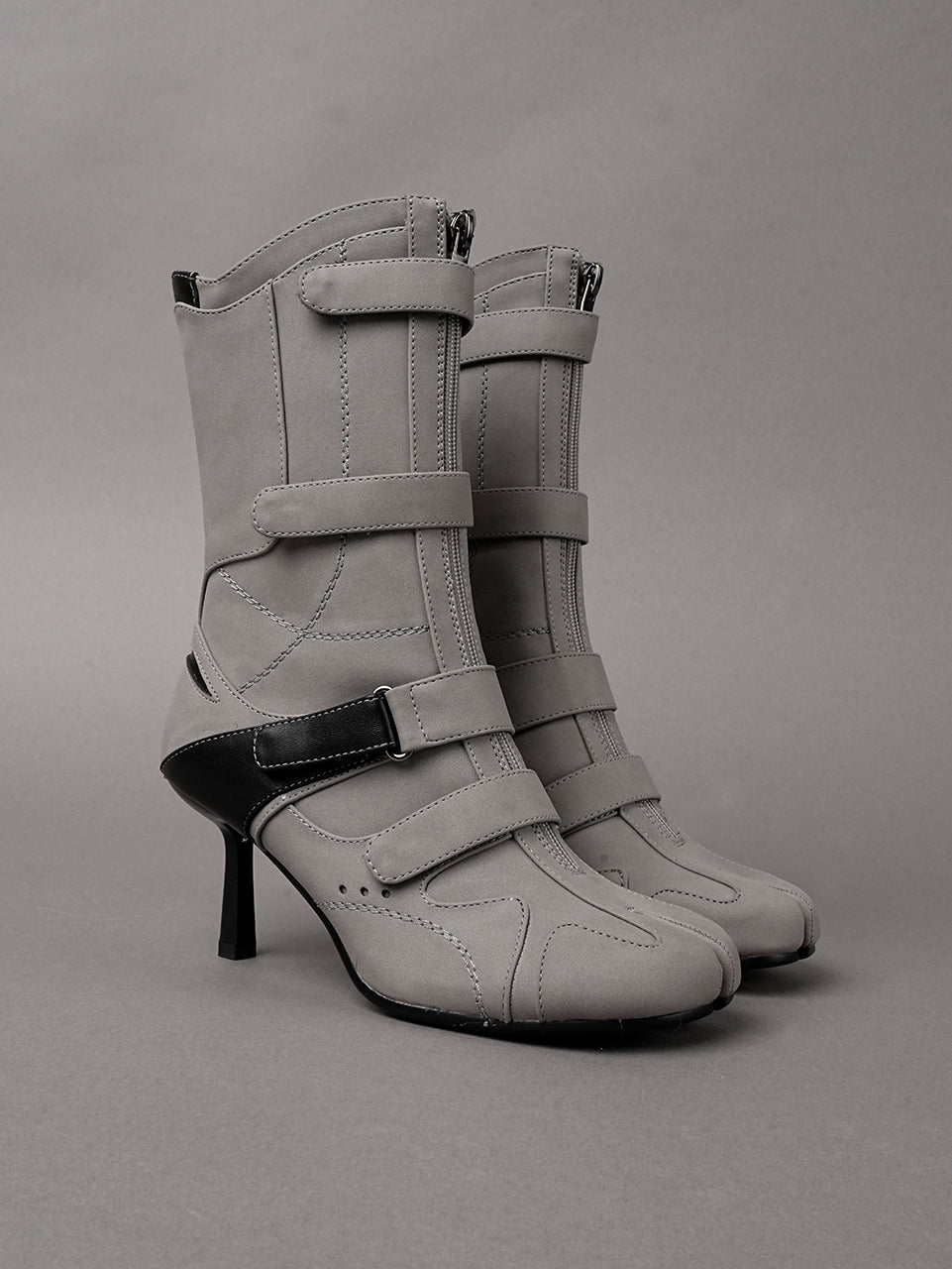 Grey vegan leather high heel tabi boot with sneaker details