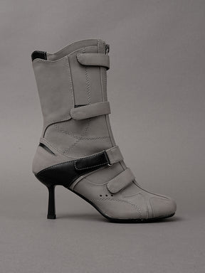 Grey vegan leather high heel tabi boot with sneaker details