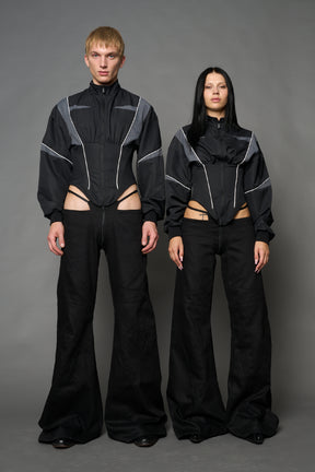 Black Namilia tracksuit jacket with grey sleeve stripes and lace-up corset back