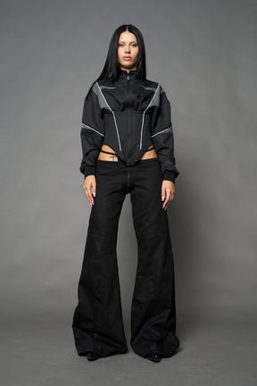 Black Namilia tracksuit jacket with grey sleeve stripes and lace-up corset back