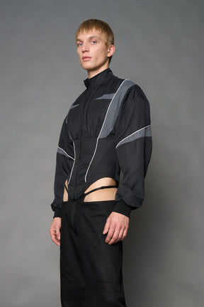 Black Namilia tracksuit jacket with grey sleeve stripes and lace-up corset back